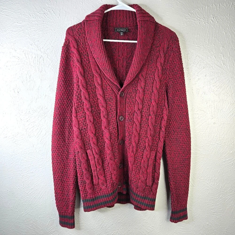 Express Shawl Collar Cardigan Sweater Mens Medium M Red Cotton Preppy Cable Knit